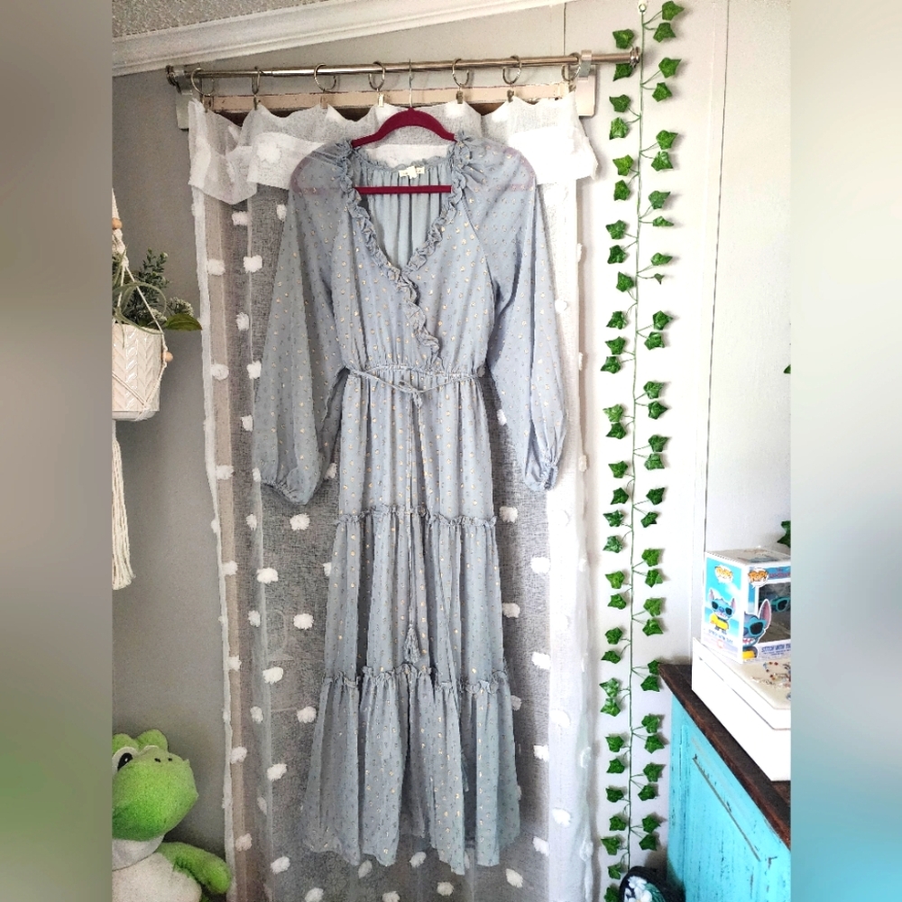 Blu Pepper Light Blue Polka Dot Long Sleeve Dress